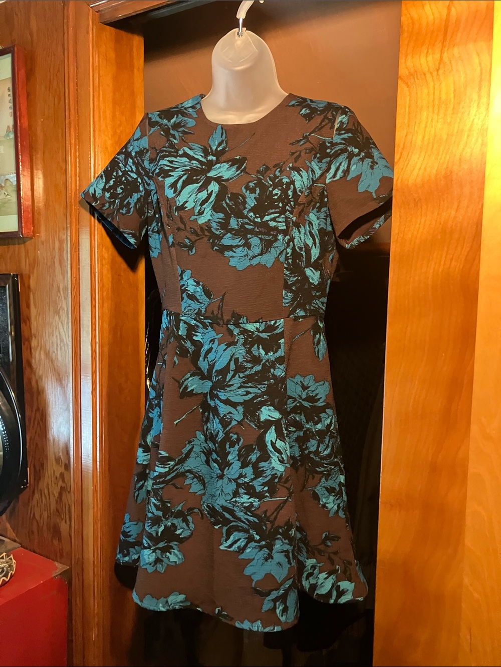 Who What Wear Black Brown Teal Floral Print Short Sleeve Dress